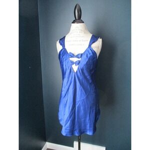 Josie Natori Blue Low Cut V Neck Bow Detail Chemise Lingerie Dress Size Medium